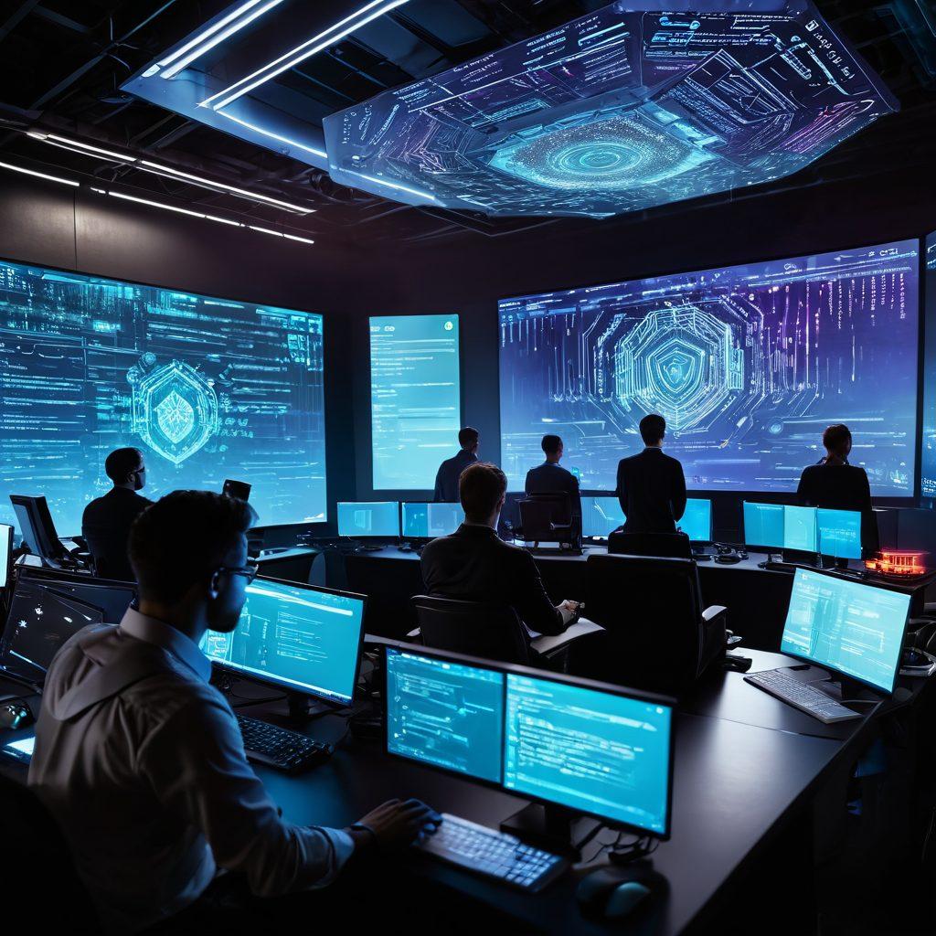A digital fortress constructed from high-tech materials, surrounded by an ethereal shield that deflects virtual attacks, depicting coding symbols and script elements in motion. In the foreground, diverse cybersecurity professionals collaborate, analyzing data on holographic screens, symbolizing the vigilance against cross-site scripting vulnerabilities. The atmosphere is charged with a sense of urgency and innovation. cyberpunk. super-realistic. vibrant colors.