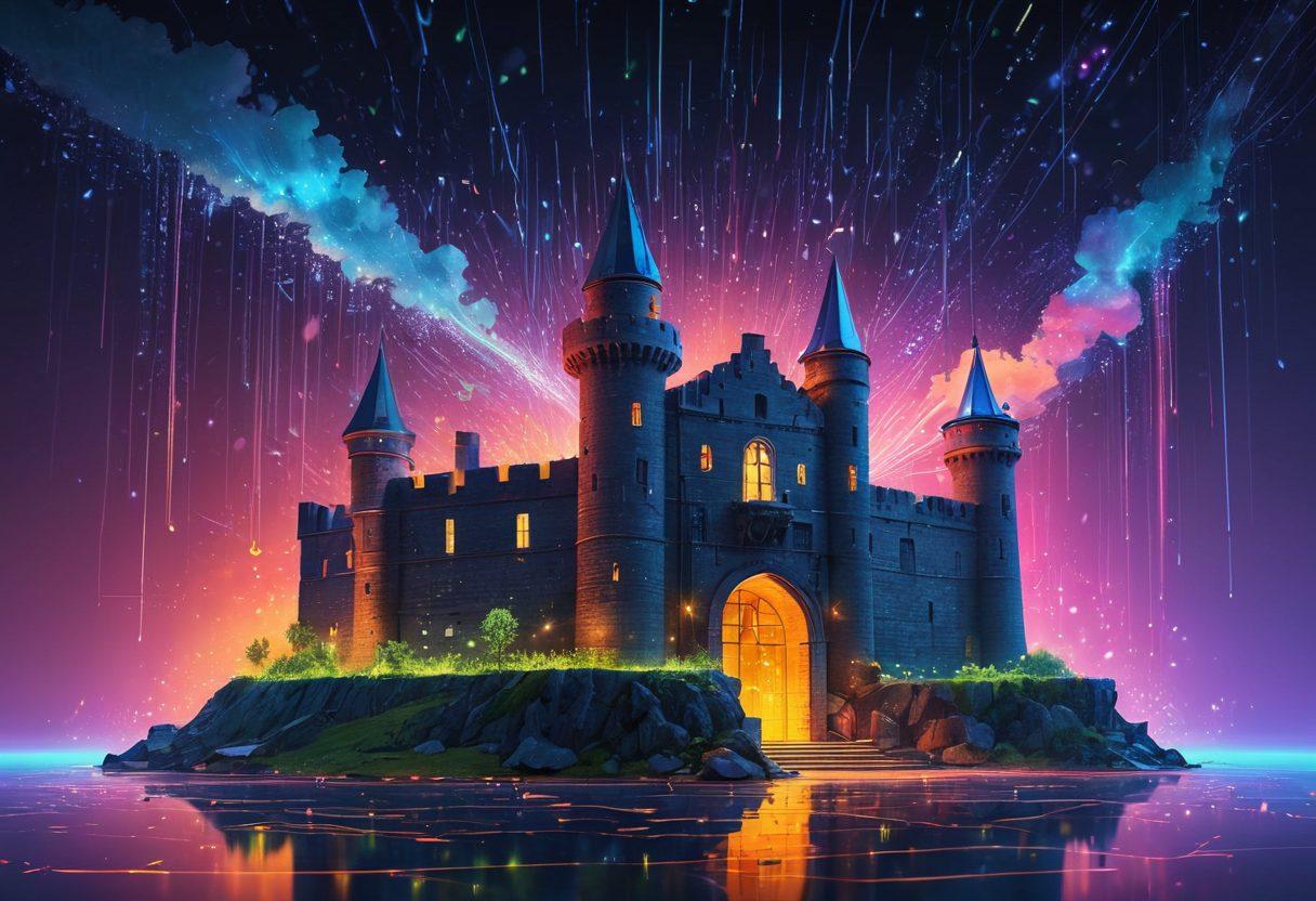 A highly detailed digital fortress representing a secure web environment, surrounded by shields symbolizing protection against XSS attacks. Intricate elements like a glowing lock and code snippets flow around, demonstrating active defenses. The castle-like structure features a sky view filled with binary rain, signifying data safety. A vibrant color palette enhances the illustration, creating a captivating and dynamic scene. super-realistic. vibrant colors. 3D.