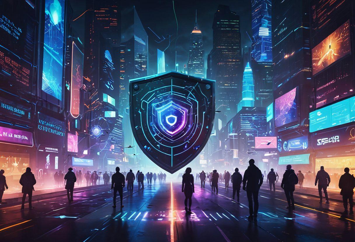 A futuristic digital landscape depicting a shield protecting a vibrant city from malicious code represented as shadowy figures. Include a glowing network map overlay illustrating safe pathways, along with colorful icons representing various cybersecurity strategies. The atmosphere should convey a sense of vigilance and protection. super-realistic. cyberpunk. vibrant colors.
